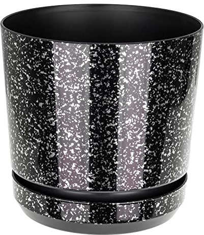KORAD Black & Silver Fleck Indoor Plant Pots–Modern Round Plastic Flower Pots with Drainage Hole & Matching Saucer–6 Sizes, Lightweight Durable Planters for Succulents, Herbs & Small Plants (21 cm)