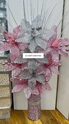 CRYSTAL CROWN Artificial Glitter Silk Flower Bunch, 35cm, Silver & Pink, for Vase, Home, Wedding Decoration (Silver & Pink)