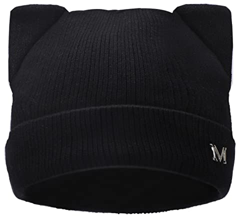 LUCKYBUNNY Mütze mit Katzenohren für Damen und Mädchen, Herbst und Winter, Strickmanschette, Hip-Hop-Beanie, Mütze, Häkel-Skimütze, Schwarz, Einheitsgröße