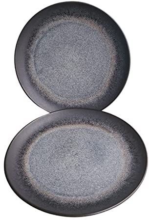 PintoCer - 2 grandes assiettes plates, 28,5 cm, assiettes à dîner, passe au lave-vaisselle et au micro-ondes, couleur : noir mat, texturé