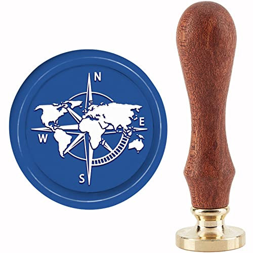 CRASPIRE Kompass Wachssiegelstempel Weltkarte Siegellackstempel 30 mm Retro Vintage Abnehmbarer Messingstempelkopf mit Holzgriff für Hochzeitseinladungen Halloween Weihnachten Thanksgiving