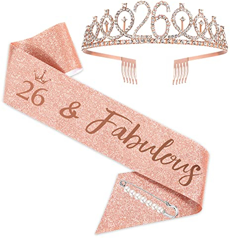 SZHUIHER Schärpe und Tiara zum 26. Geburtstag, Roségold-Geburtstagsschärpe, Krone 26 & fabelhafte Schärpe und Tiara für Mädchen, Geschenke zum 26. Geburtstag für glückliche 26. Geburtstagspartys