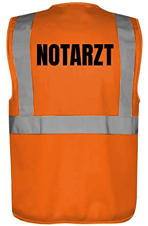 Fassbender-Druck WARNWESTEN - Sicherheitsweste ORANGE mit Taschen und Reißverschluss nach EN ISO 20471 zertifiziert - Warn Weste für NOTARZT - Unisex mit hochwertigem Reflektorstreifen