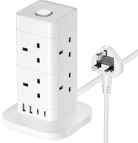 Tower Extension Lead with USB Slots, Hotimy 8 Way 4 USB (2 USB-A&2 USB C) Multi Plug Extension Tower,Surge Protected Extension Lead with Switch, 2 Meters Extension Cable for Home Office 13A 3250W