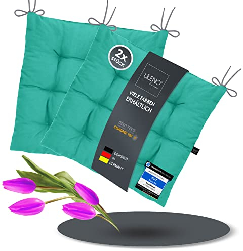 LILENO HOME 2er Set Stuhlkissen 17 Türkis (40x40x6 cm) - Sitzkissen für Garten, Küche oder Esszimmer - UV-beständige Indoor u. Outdoor Stuhlauflage als Stuhl-Kissen (Linda FUM)