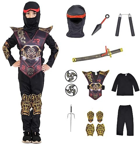 ZUCOS Déguisement Costume de Ninja pour Enfant Motif Dragon Costume d'Halloween Pour Fille et Garçon Noir 7-9 ans
