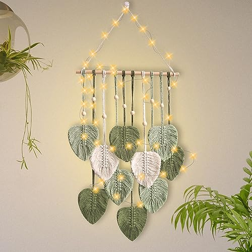 Tapiz de Pared de Macramé, Decoración de Pared Tejida a Mano, Tapiz de Hojas Tejidas Bohemio Elegante, Tapiz Macrame con Cadena de Luces Led De 3m para El Hogar, Apartamento, Dormitorio, Sala