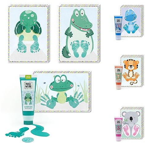 Miniwerk Bio Baby Abdruckset Grün 0-1,5 Jahre für Baby Handabdruck und Fußabdruck Erinnerung - Dekoration für Baby- & Kleinkinderzimmer - Meilensteinkarten - Abdruck Baby Hand und Fuß Set