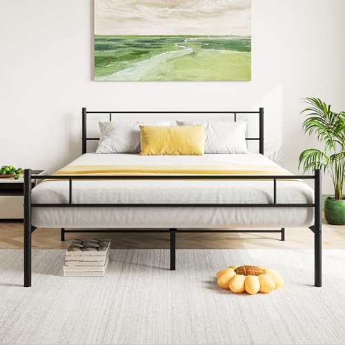 BORPHOM 5ft king Size Bed Frame with Headboard,Heavy Duty Metal Platform Bed Frame Kingsize Bed Base,Strong Iron Bedstead,Mattress Base,Sturdy Metal Slats Support,Underbed Storage Space,Black