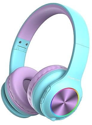 Kinderkopfhörer Bluetooth, PowerLocus Kinder Kopfhörer Kabellos mit LED-Leuchten 74/85/94dB Lautstärkebegrenzung, Faltbare Headset, HD Stereo, Micro SD, Eingebautes Mikrofon für Schule/Laptop/Handy/TV