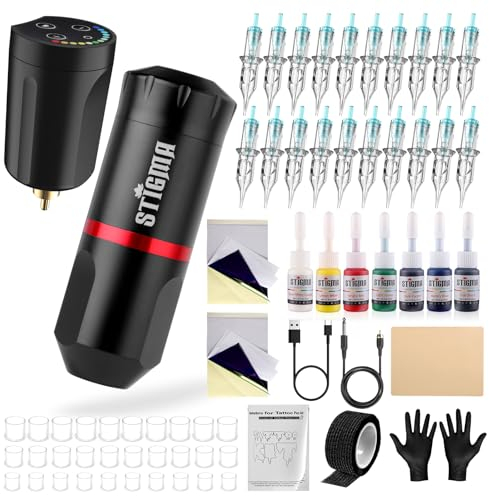 Stigma Tattoo Maschine Set Tattoo Kit für Anfänger Wireless Tattoo Power Supply 7 Tattoo Ink 20Pcs Tattoo Cartridge Needles STQ49P802-1