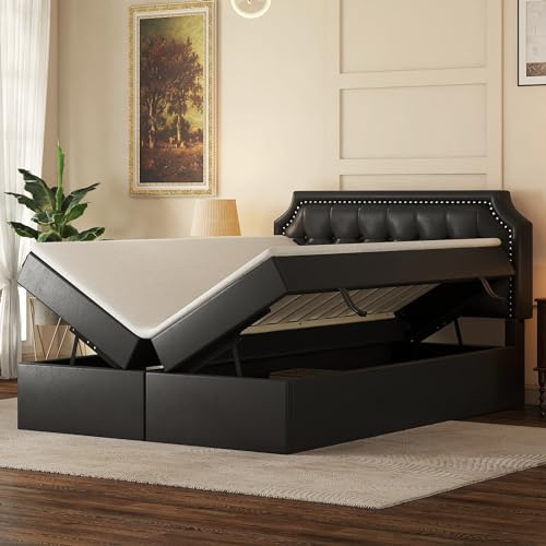 YESGIGA 140x200cm Polsterbett, Doppelbett mit Lattenrost aus Metallrahmen, Großer Stauraum, Beidseitig zu öffnen (Schwarz)