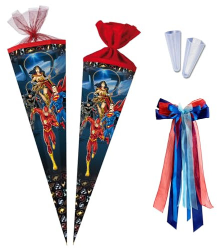 Nestler Schultüten-Set zum Befüllen, Handgemachte Zuckertüte aus Karton - Lizenzmotiv Justice League, Schultüte, Spitzenschutz, Schleife (70 cm rund)
