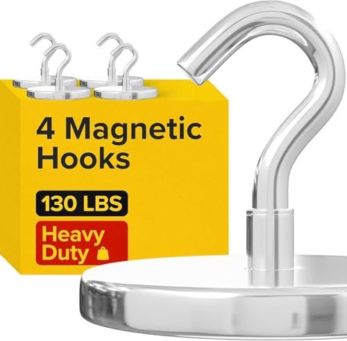 Neodymium Magnet Hooks - Heavy Duty Strong Magnetic Hooks for Cruise, Fridge, Wall, Kitchen, and Garage, Powerful Magnets with Hooks for Hanging, Bathroom, Ceiling, Van, and Grill (4, 130)