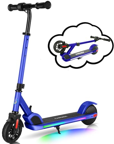 Caroma E35 Elektroroller für Kinder von 6-12 Jahren, Faltbarer E Roller Scooter mit Bunte Leuchten & LED-Anzeige, Einstellbare Geschwindigkeit und Höhe, Maximale 16km & 16km/h Brillantblau