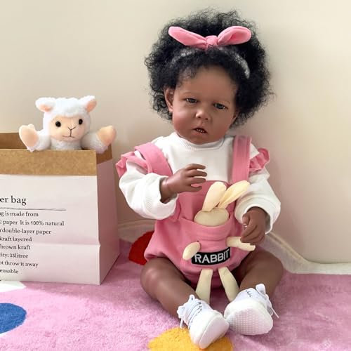 MineeQu Weiche Berührung Gewogenes Baby Realistische wiedergeborene Mädchenpuppe in schwarzer Haut 50CM Wurzelhaar Afroamerikanische lebensechte Neugeborene Baby-Kunst Sammeln Puppen echt Aussehen
