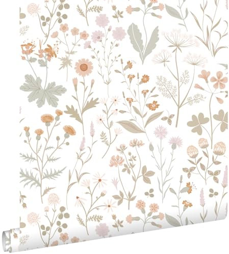 papier peint fleurs des champs vert et rose terracotta 53 cm x 10,05 m - ESTAhome