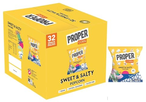 Proper Corn Lot de 32 popcorn sucré et salé – 14 g, boîte de 32 | Assaisonnement naturel au sel de mer et sucre de canne, végétarien, sans gluten, maïs soufflé à la main, 65 kcal Gift Idee