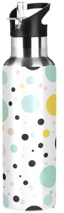 JUMBEAR Color Dots Wasserflasche mit Strohhalm-Deckel, 600 ml, vakuumisolierte Edelstahl-Wasserflaschen, auslaufsicher, Wasserflasche für Fitness, Sport, Outdoor, 623 ml