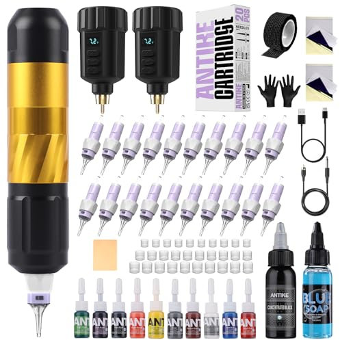 Tattoo Maschine Set Kabellos mit 2stk 1500mAh LED-Digitalanzeige Tattoo Akku 20stk Tattoo Nadeln 11 Tattoo Farbe,Tattoo Starter Set Komplett für Anfänger und Tattoo Künstler