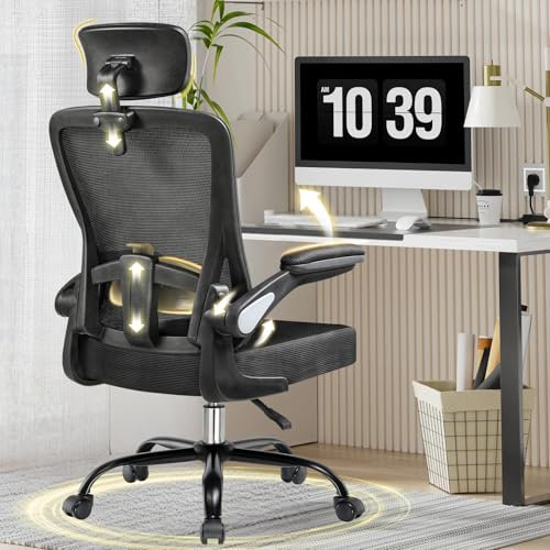 COMHOMA Office Chair with Flip-up Armrests, Ergonomic Office Desk Chair with Adjustable Lumbar Support, Height Adjustable with Headrest