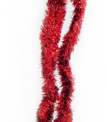 Trimming Shop 6.5ft/2m Red Chunky Christmas Tinsel Garland Shiny Metallic Fine Foil Twist Xmas Tree Garland for Festive Party, Holiday Celebration, Indoor & Outdoor Hanging Decorations