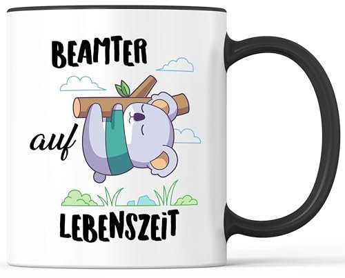 Kaffeebecher mit Spruch Beamter auf Lebenszeit Verbeamtung Referendariat - lustiges Geschenk - Kaffeetasse als Geschenkidee - Becher bzw. Tasse 330ml - Weiß-Schwarz