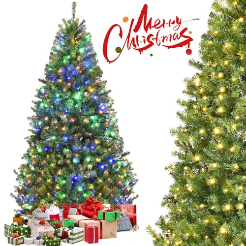 GYMAX Sapin de Noël Artificiel 180cm Lumineux LED, 2 Modes d'Éclairage, Lumières Multicoloré et Blanc Chaud, 1000 Branches Réalistes Touffu Vert
