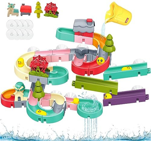 Badespielzeug für Kinder, Badewannenspielzeug ab 3 4 5 6 Jahre, DIY Kugelbahn Badewannen Spielzeug Wasserspielzeug Kinder, Badespielzeug mit Saugnäpfe, Badespaß Geschenk Mädchen Junge ab 3 (62 Stück)