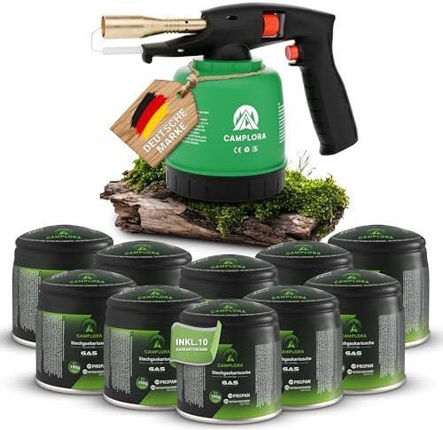 CAMPLORA Soplete incluye 10 cartuchos de 190 g con encendido piezoeléctrico, soplete de gas con cartucho Bunsenbrenner taller, soldador de gas, quemador de gas, quemador de gas, quemador de gas torch