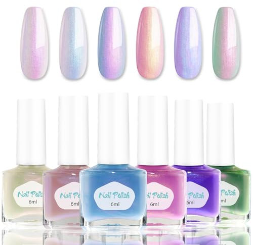6 Farben Perlmutt Nagellack Set - Shimmer Meerjungfrau Nagelack - Schnelltrocknender Nagellack Ohne UV Lampe - Hochglanz Rosa, Hot Pink, Weiß, Blau, Lila, Grün Nail Polish für Frauen DIY Nail Art