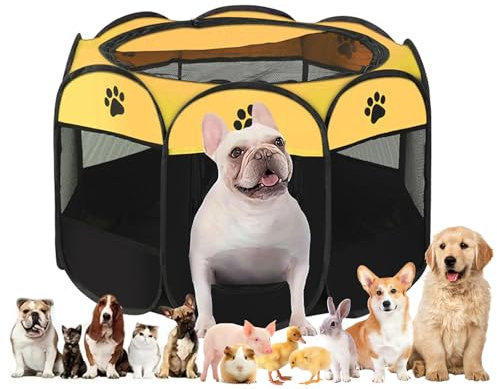 Welpenauslauf, Welpenlaufstall, Laufstall Hund, Katzengehege, Hundelaufstall für Wohnung, Welpenauslauf Indoor, Laufstall Katze, Hasengehege, Kaninchengehege, (Gelb+Schwarz, 114x114x58, 6)