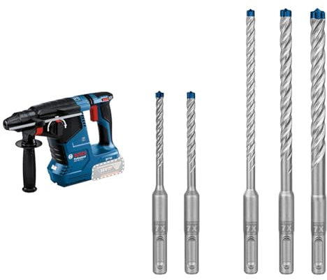 Bosch Professional 18V System Akku Bohrhammer GBH 18V-24 C (mit SDS plus, inkl. Zusatzhandgriff, ohne Akku/Ladegerät) + 5x Expert SDS plus-7X Hammerbohrer Set (für Stahlbeton, Ø 5-10 mm)