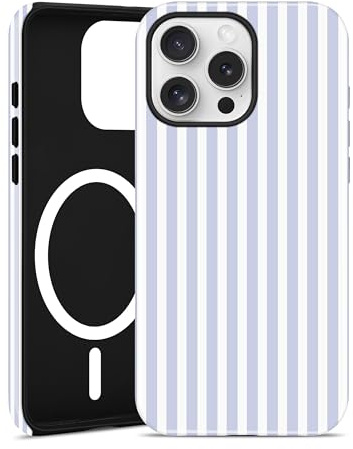 Jusy Magnetische Gestreifte Hülle für iPhone 15 Pro, Blau | Aesthetic Striped Sommer Muster Handyhülle, Kompatibel mit MagSafe, Zweischichtige Stoßdämpfend