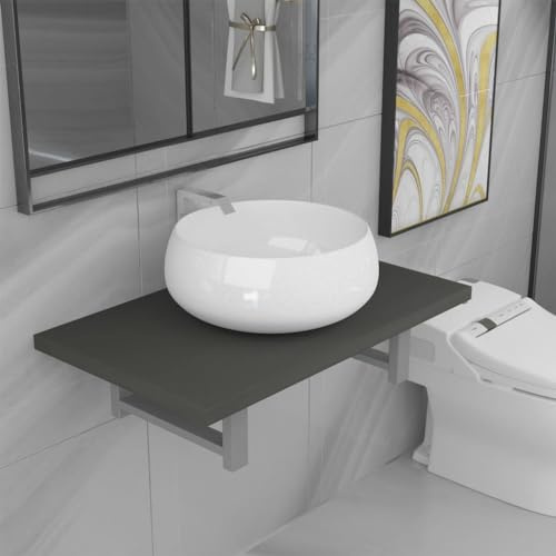 Zeehear 2-TLG. Badmöbel-Set Keramik Grau, Wandregal mit rundem Waschbecken, 60x40x16,3 cm, für Badezimmer, Waschraum, stilvolle Bad Vanity mit Sink