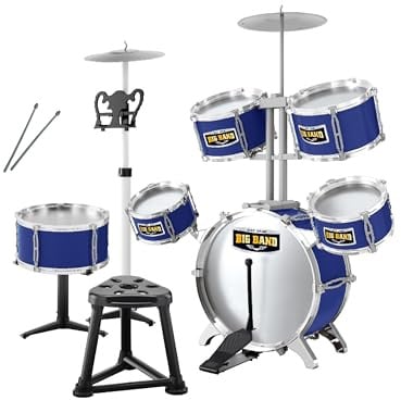 Set Batteria per Bambini Baroni Toys, Batteria Giocattolo Completa 8 Pezzi con Sgabello, Tamburi e Piatti, Gioco Musicale Educativo, +3 Anni, Blu, 72x43x83cm