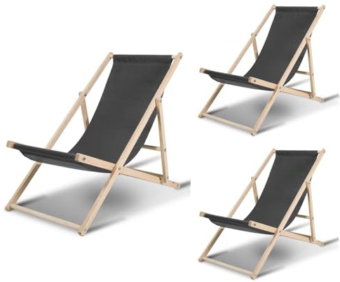 Jaxguom Liegestuhl 3er Set klappbar Holz, Sonnenliege aus Kiefernholz mit 3-stufiger Lehne, Belastbar bis 120kg, 420D Oxford, Gartenliege Doppelpack für Balkon, Strand & Camping, Grau