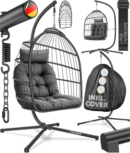 Sedia sospesa ELONEO con supporto e cuscino premium, sedia sospesa per esterno e interno con copertura, altalena sospesa per esterno con capacità di carico fino a 160 kg, hanging chair, antracite