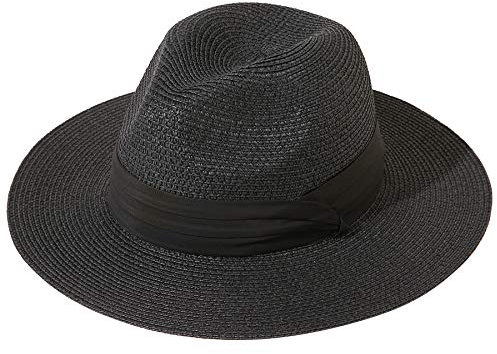 Lanzom Strohhut mit breiter Krempe für Damen, Panamahut, Filzhut, Sonnenhut am Strand, UV–Schutzfaktor 50+ - Schwarz - Einheitsgröße