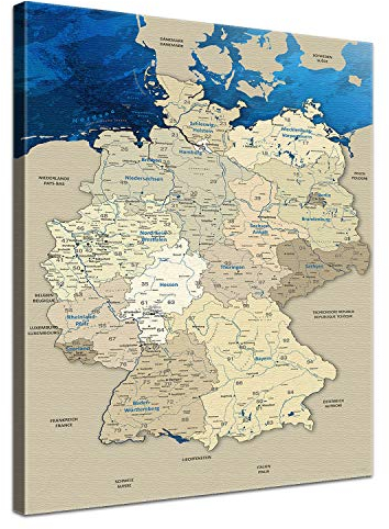 LANA KK - Premium Pinnwand Deutschlandkarte - Blue Ocean - Deutsch - in 70 x 100 cm, stabile Rückwand zum Pinnen inkl. Starterkit - Leinwand-Kunstdruck Wandbild Landkarte XXL
