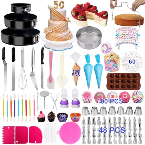 Zubehör für Kuchendekoration, 460-teiliges Backset, mit Springform-/Kuchenform-Set, drehbarer Platte für Kuchen, Muffinförmchen, Backzubehör für Anfänger und Kuchenliebhaber