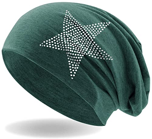 Hatstar Strass Stern Damen Beanie Mütze | elastisches Slouch Long Beanie | Mädchen Mütze | mit edler Strass Applikation | leicht und weich (Jeans grün meliert)