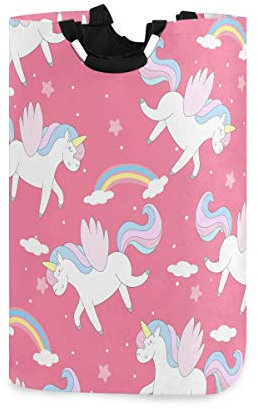 Mnsruu Pink Rainbow Unicorn Cloud Polka Dot Laundry Basket Hamper Large Storage Bin with Handles for Gift Baskets, Bedroom, Clothes