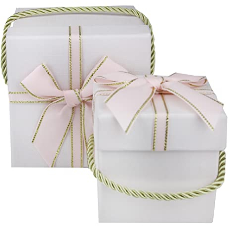 Emartbuy Set of 2 Baby Pink Square Gift Boxes with Gold Rope Handle & Satin Ribbon – Luxury Rigid Cardboard Gift Boxes for Birthdays, Weddings & Parties | 8 x 8 x 8 cm & 10 x10 x 10 cm