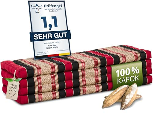 livasia Nachhaltige Klappmatratze Kapok XXL - 200x140x8cm - extrabreite Gästematratze, Faltbare Matratze doppel, ökologische Yogamatte, Gästebett klappbar, Liege Garten Balkon (Rot/Schwarz)