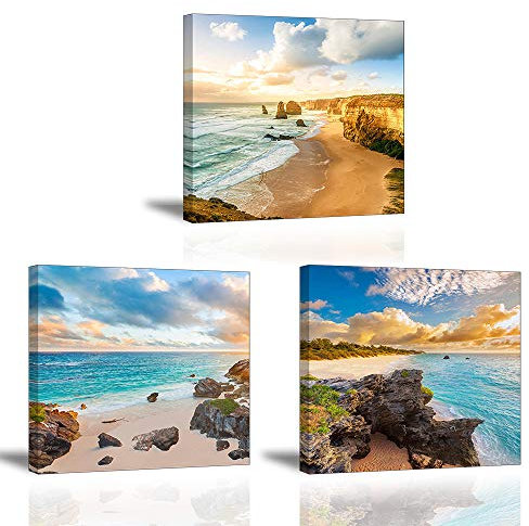 Piy Painting Bilder Leinwandbild Fotoleinwand Wunderbare Küstenlandschaft Kunstdrucke auf Leinwand Strandlandschaft Malerei Home Deko für Wohnzimmer Schlafzimmer Flur Wand 30x30cm 3set