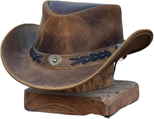 Formbarer Outback Hut Western Style Leder Cowboyhut für Damen und Herren breite Krempe Vintage Old Style, Crazy Brown, MEDIUM