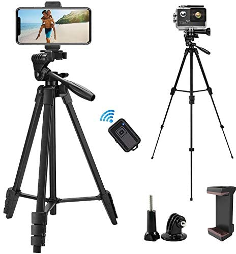 iPhone Tripod, EVERESTA Phone Tripod 54 Extendable Camera Tripod Stand with Bluetooth Remote and Cell Phone Mount Compatible with Mobile Phone/DSLR/Gopro