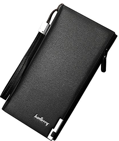 A-QMZL Portafoglio lungo da uomo Borsa da uomo Portafoglio pelle con cerniera Portamonete borsa da viaggio per cellulare con cinturino da polso (Nero)