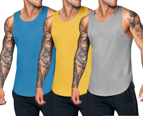 COOFANDY Tank Tops Herren Sommer Gym Shirt 3er Pack Training Achselshirt Unterhemd Herren Ärmelloses Shirt Muskelshirts Blue/Light Grey/Yellow XL